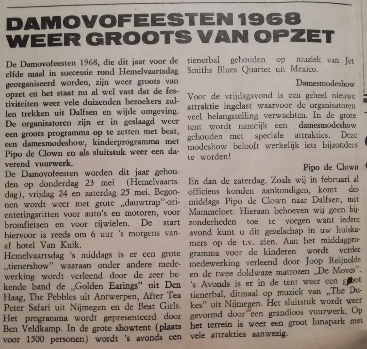newspaper announcement De oprechte Dalfser Courant 1968 Damovofeesten 1968 with Golden Earrings